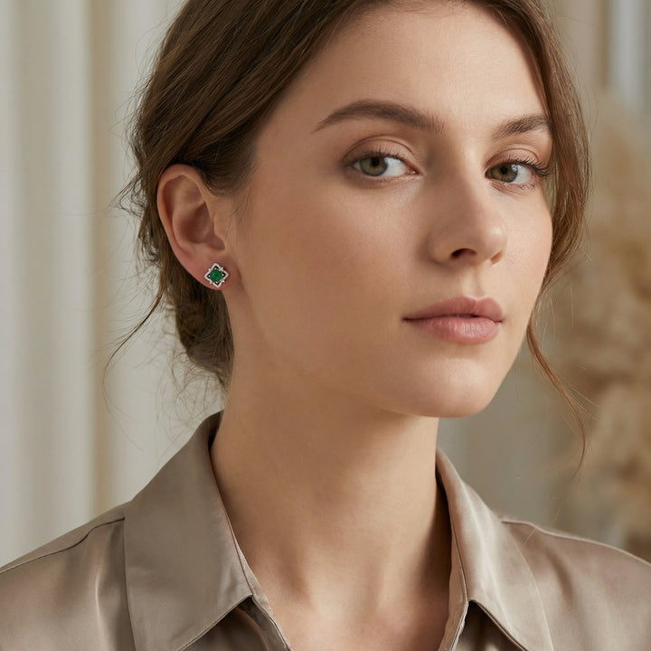 ✨ 925 Sterling Silver Elegant Green Cabochon Floral Stud Earrings with Sparkling Halo ✨