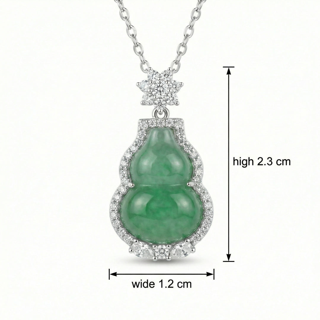 925 Sterling Silver Elegant Green Jade Gourd Pendant Necklace with Sparkling White Stone Halo and Floral Bale