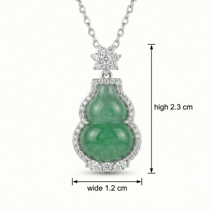 925 Sterling Silver Elegant Green Jade Gourd Pendant Necklace with Sparkling White Stone Halo and Floral Bale
