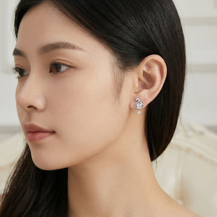 ✨ 925 Sterling Silver Swan Heart Crystal Dangle Earrings ✨