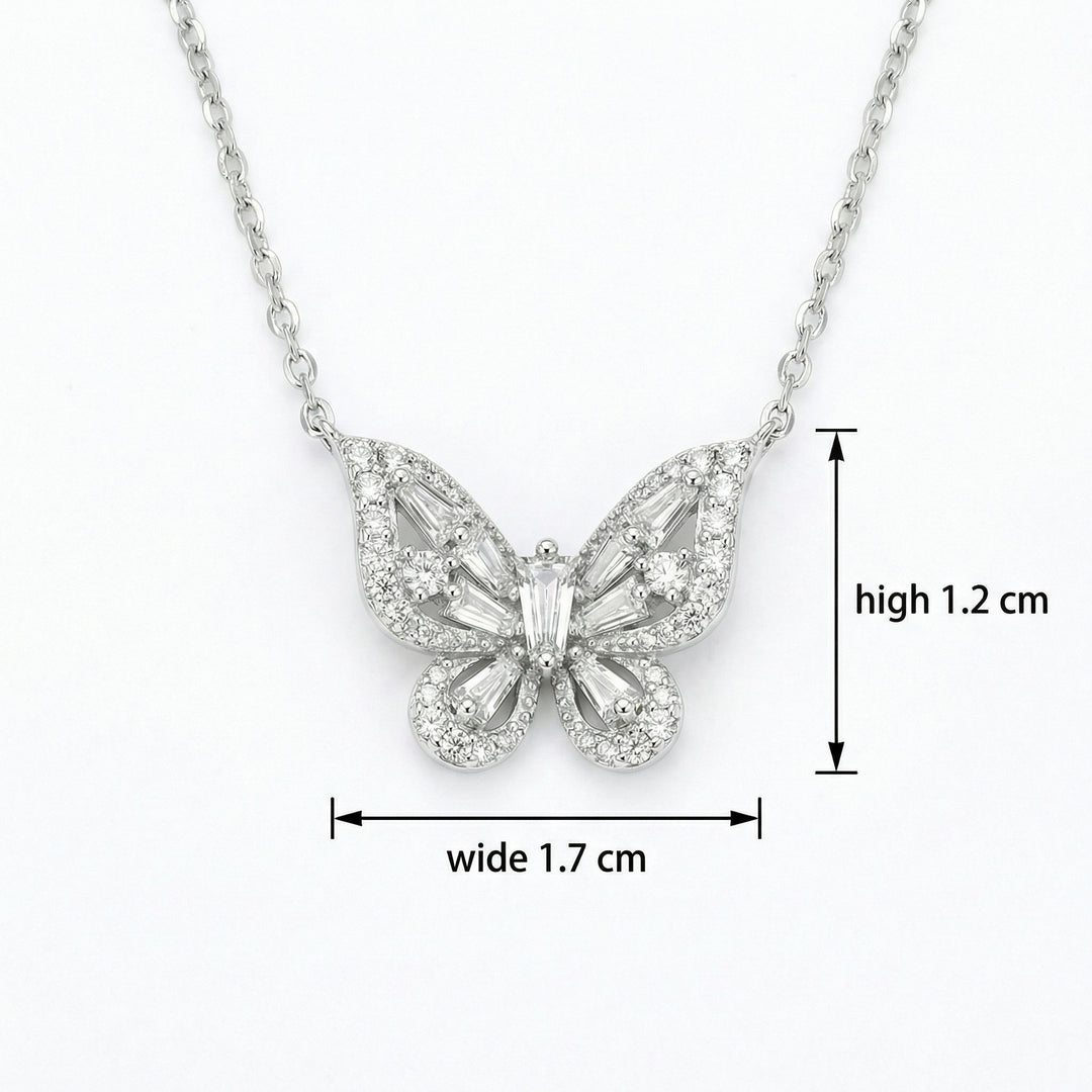 925 Sterling Silver Butterfly Pendant Necklace with Round and Baguette-Cut Sparkling Stones