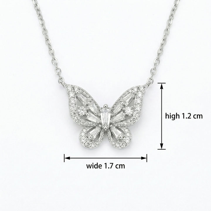 925 Sterling Silver Butterfly Pendant Necklace with Round and Baguette-Cut Sparkling Stones
