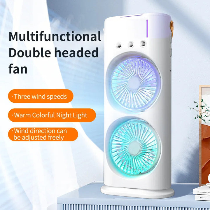 🌬️💧 Double-Head Spray Fan Humidifier | Portable Air Cooler & Mist Fan ❄️✨