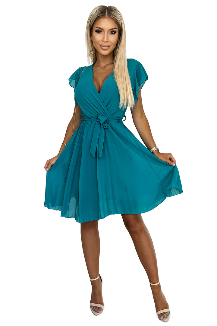 Chiffon pleated dress with a neckline and frills - sea color