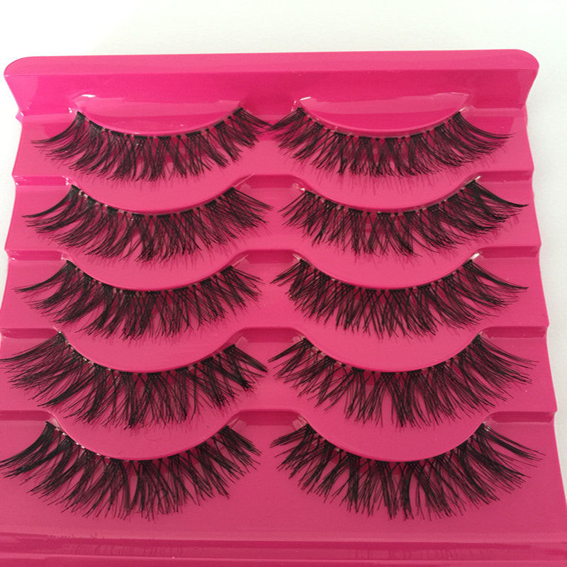 👁️✨ Man-Made Fiber Natural False Eyelashes Set – Cross Style Transparent Stem Lashes (5 Pairs)