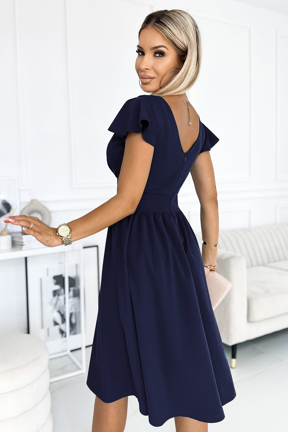 MATILDE Dress with a neckline and short sleeves - dark blue