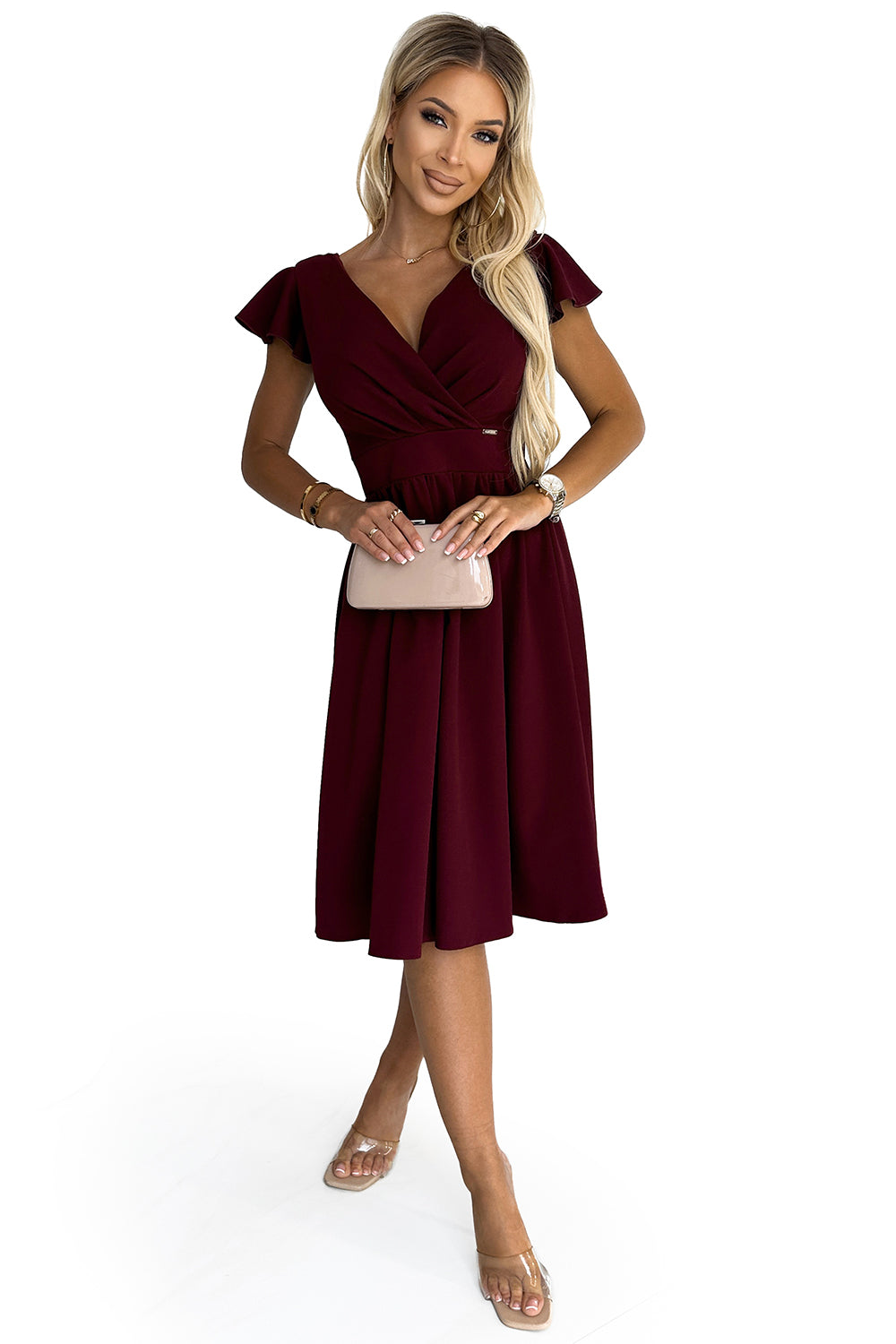 MATILDE Dress with a neckline and short sleeves - Burgundy color