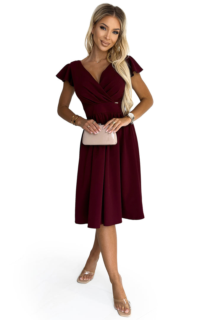 MATILDE Dress with a neckline and short sleeves - Burgundy color