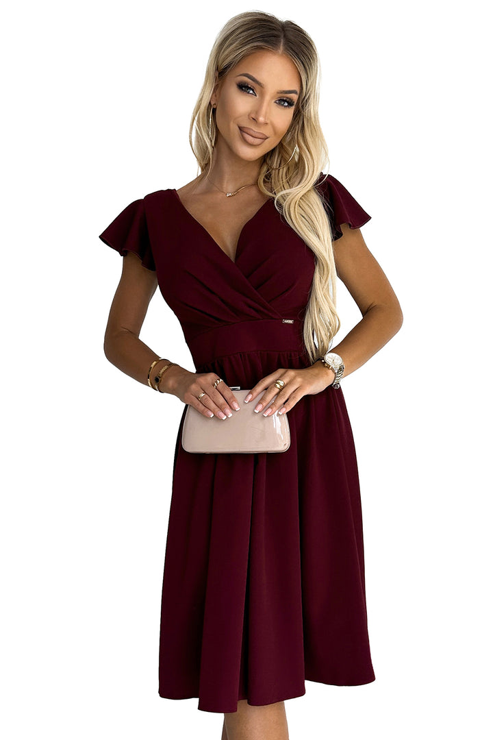 MATILDE Dress with a neckline and short sleeves - Burgundy color