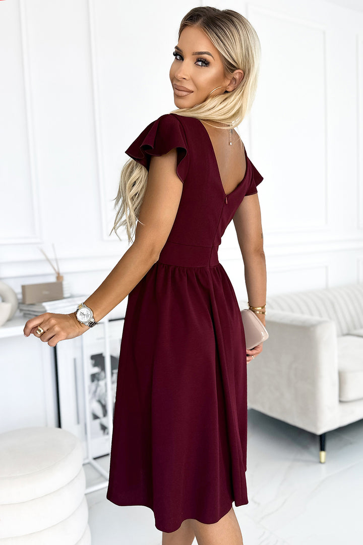 MATILDE Dress with a neckline and short sleeves - Burgundy color