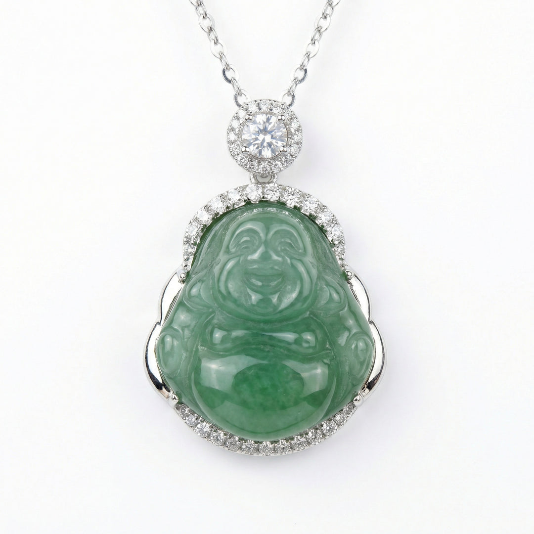 925 Sterling Silver Exquisite Green Jade Laughing Buddha Pendant Necklace with Sparkling Halo Accents