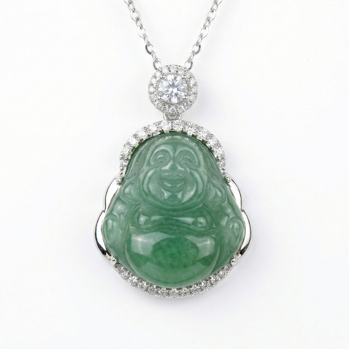 925 Sterling Silver Exquisite Green Jade Laughing Buddha Pendant Necklace with Sparkling Halo Accents