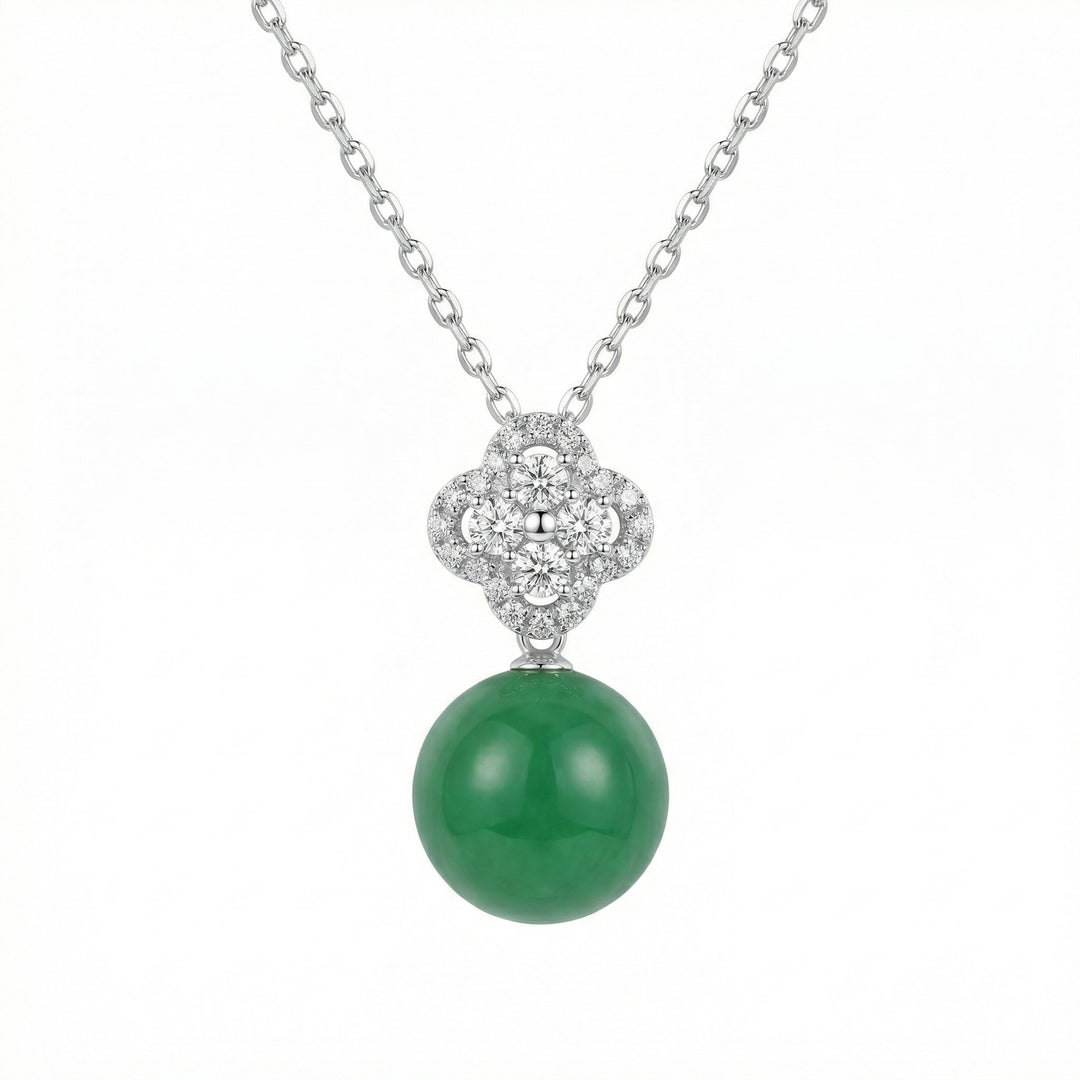 925 Sterling Silver Green Jade Bead Necklace – Diamond Clover Pendant in Elegant Silver