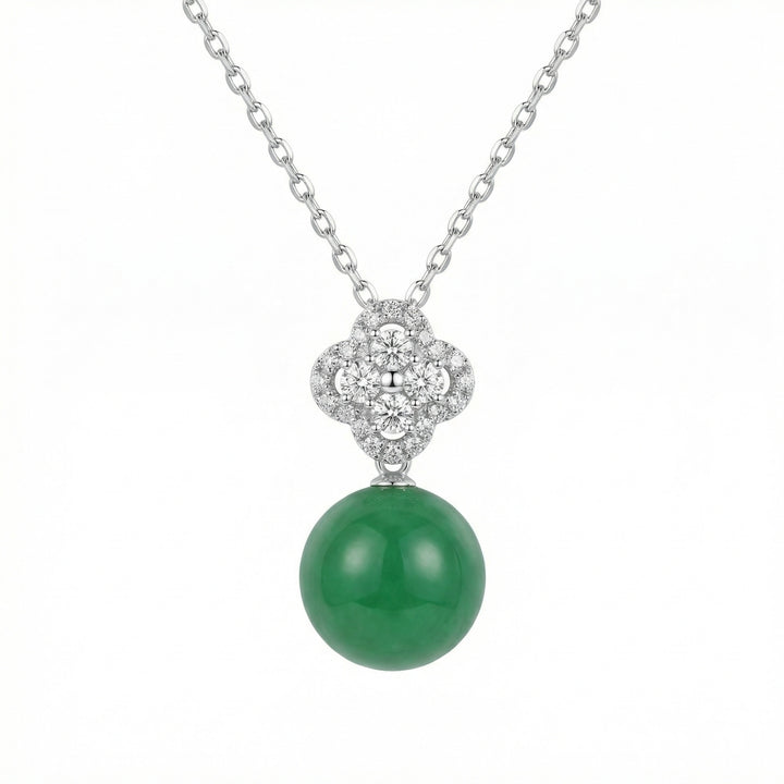 925 Sterling Silver Green Jade Bead Necklace – Diamond Clover Pendant in Elegant Silver