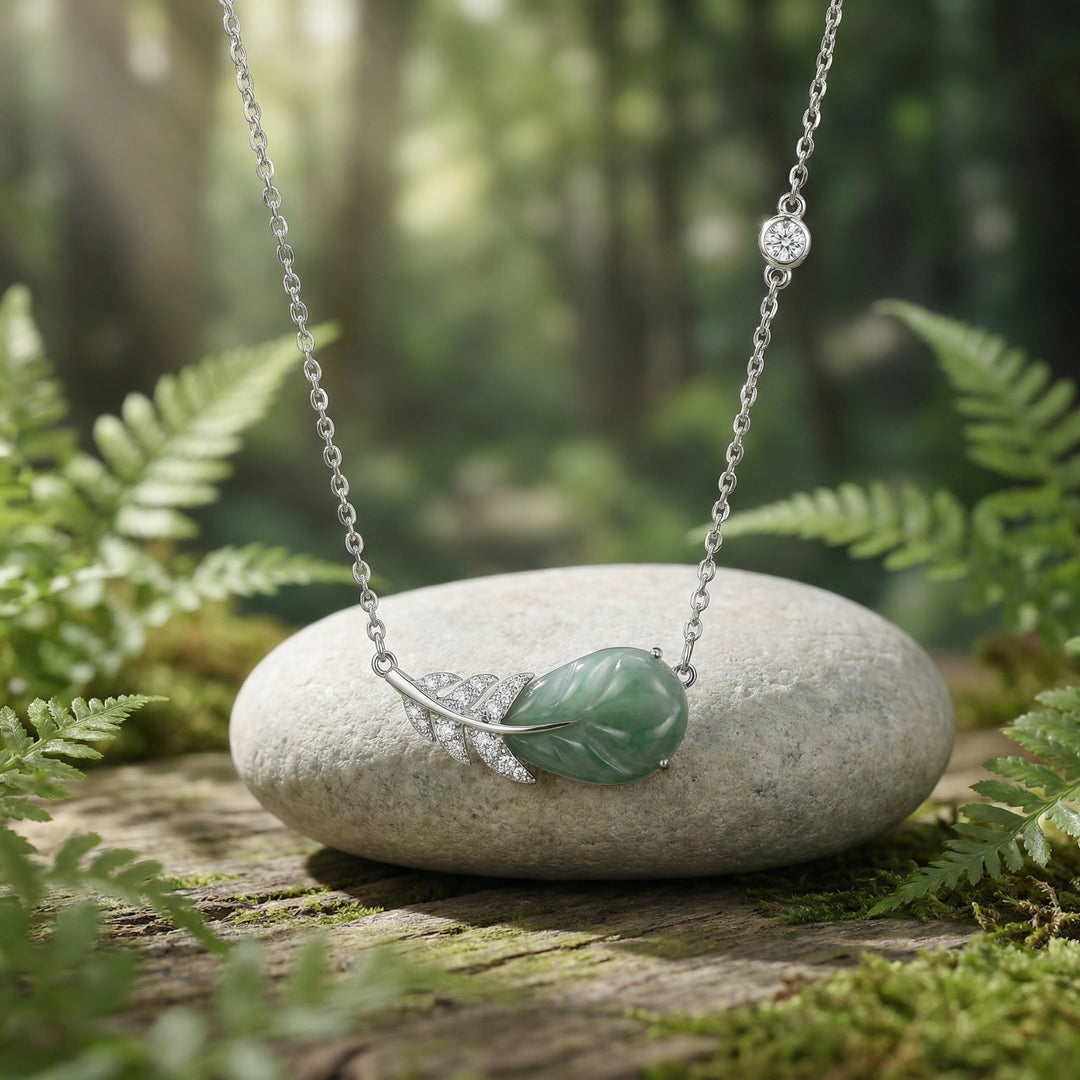 925 Sterling Silver Elegant Green Jade and Sparkling Gemstone Feather Pendant Necklace