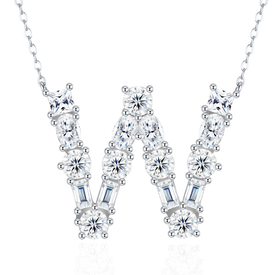 💎 Luxury Letter W Pendant Necklace – Platinum & Gold-Plated S925 Silver with Moissanite 💎