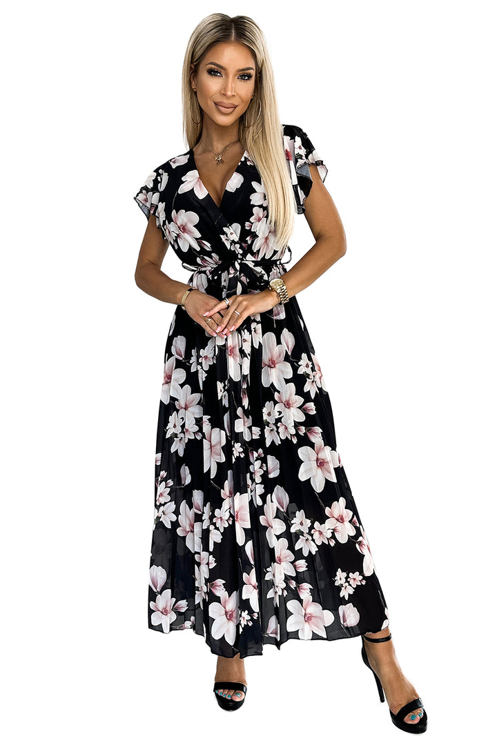 LISA Pleated midi dress with a neckline and frills - peach blossom on a black background