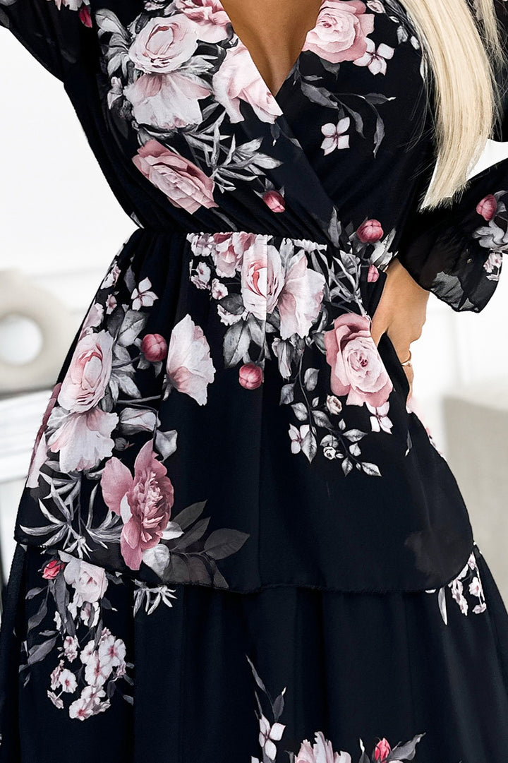 Midi dress with a neckline and three frills - roses on a black background