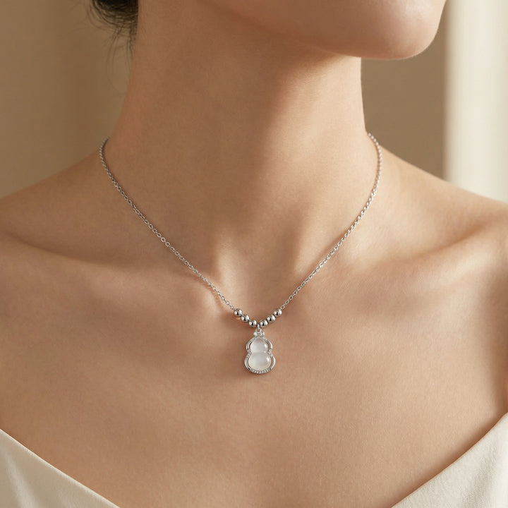 925 Sterling Silver Gourd Necklace – White Jade Pendant with Sparkling Crystal Accents