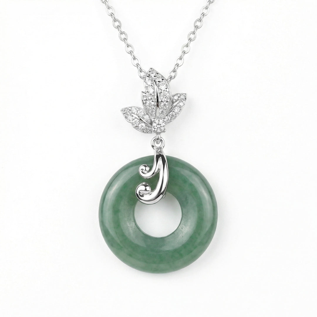 925 Sterling Silver Elegant Green Jade Donut Pendant Necklace with Sparkling Floral Bale and Silver Chain