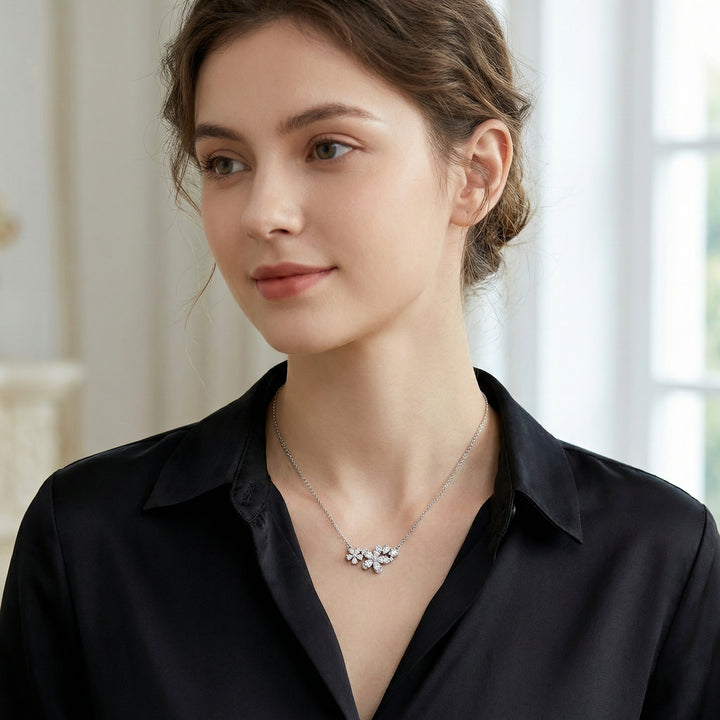 ✨ 925 Sterling Silver Floral Diamond Cluster Necklace