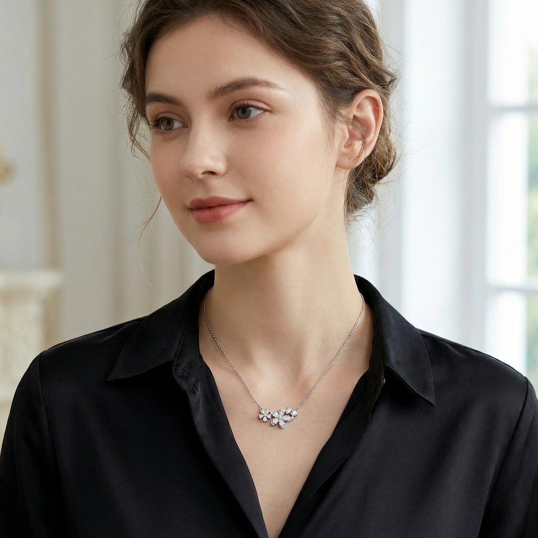 ✨ 925 Sterling Silver Floral Diamond Cluster Necklace
