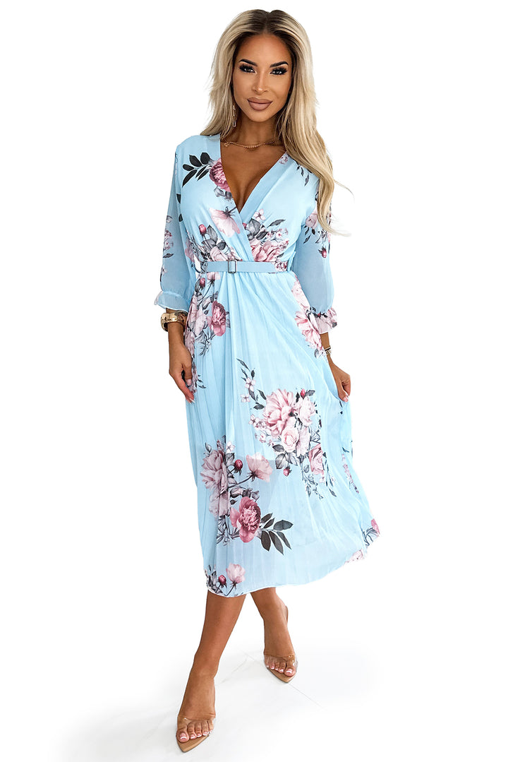 YUNA Pleated midi dress with a neckline and a belt - roses on a blue background