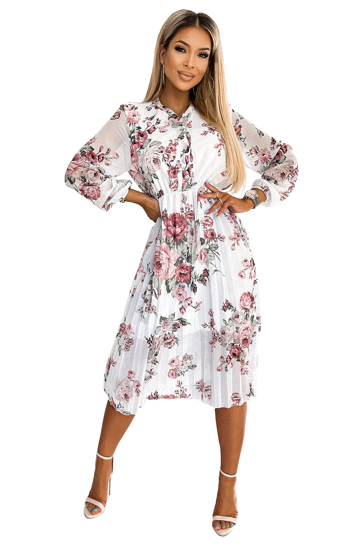 CARLA Pleated midi dress with buttons and long sleeves - roses on a white background