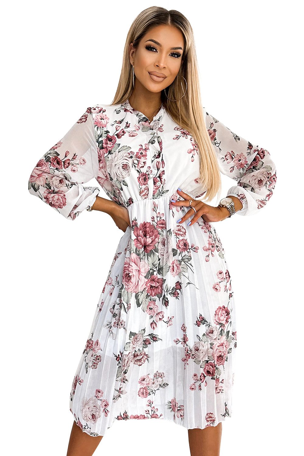 CARLA Pleated midi dress with buttons and long sleeves - roses on a white background