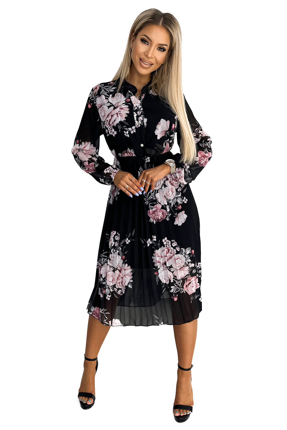 CARLA Pleated midi dress with buttons and long sleeves - roses on a black background