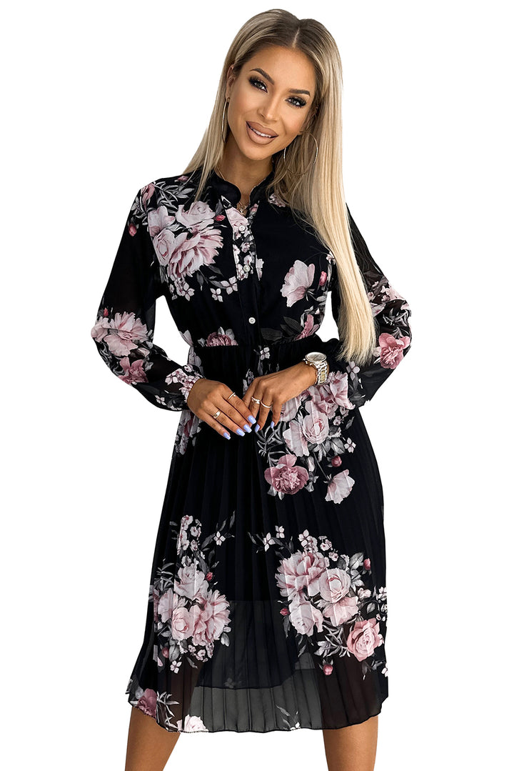 CARLA Pleated midi dress with buttons and long sleeves - roses on a black background