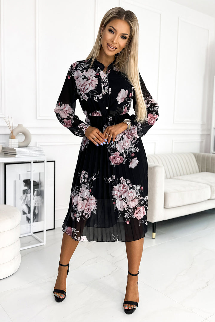 CARLA Pleated midi dress with buttons and long sleeves - roses on a black background