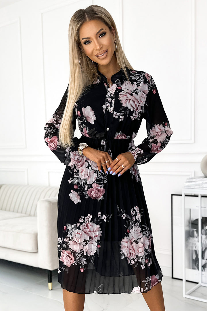 CARLA Pleated midi dress with buttons and long sleeves - roses on a black background