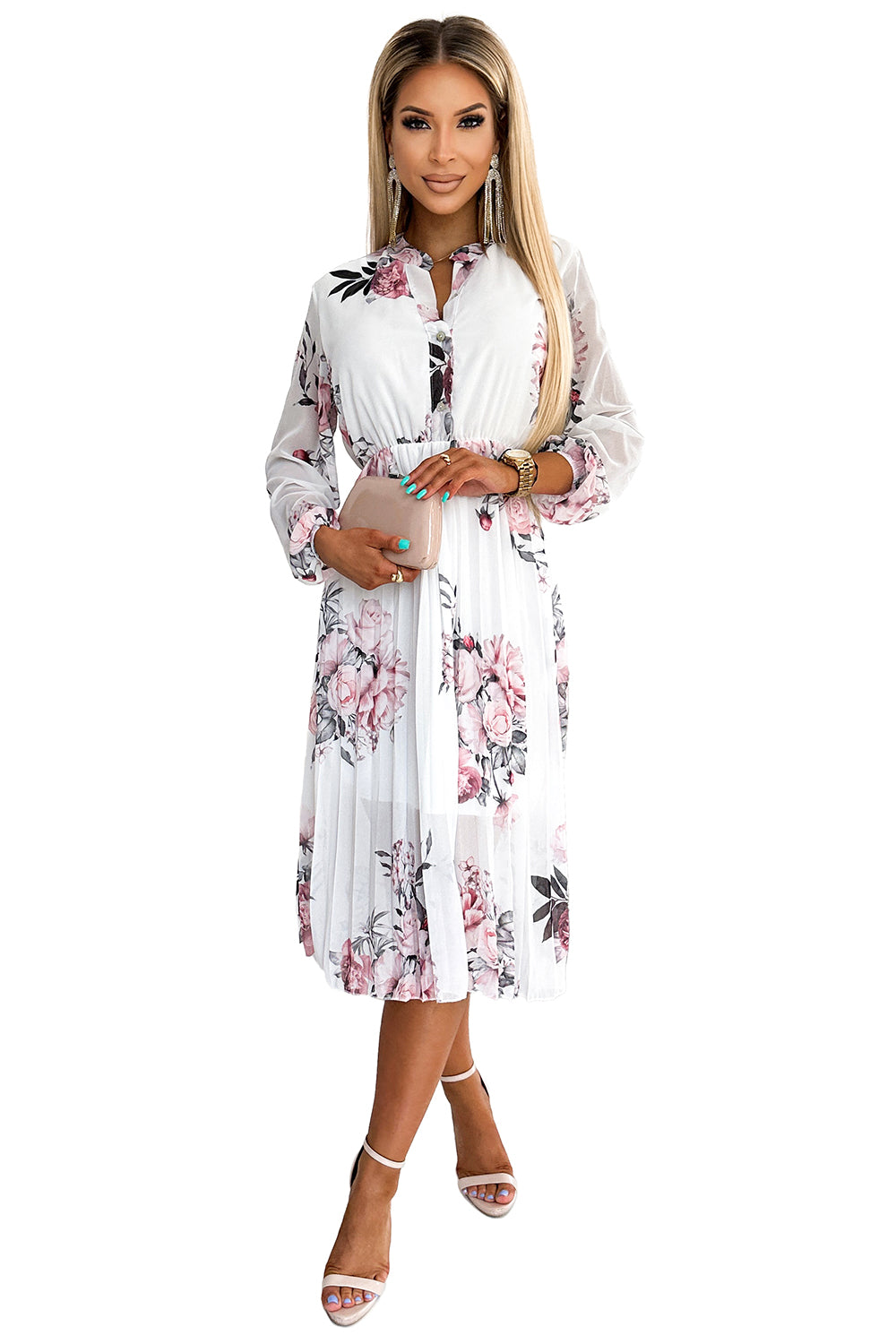 CARLA Pleated midi dress with buttons and long sleeves - roses on a white background