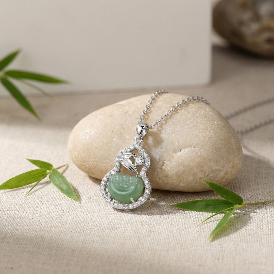 925 Sterling Silver Gourd Necklace – Green Jade Pendant with Sparkling Gemstones