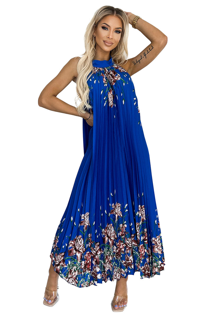 Pleated satin maxi dress - blue with flowers