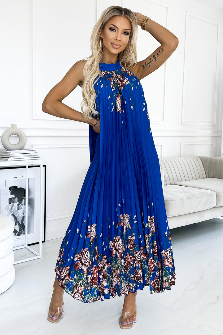 Pleated satin maxi dress - blue with flowers