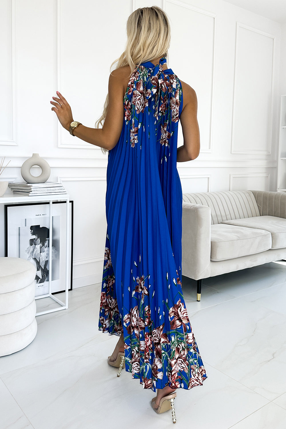 Pleated satin maxi dress - blue with flowers