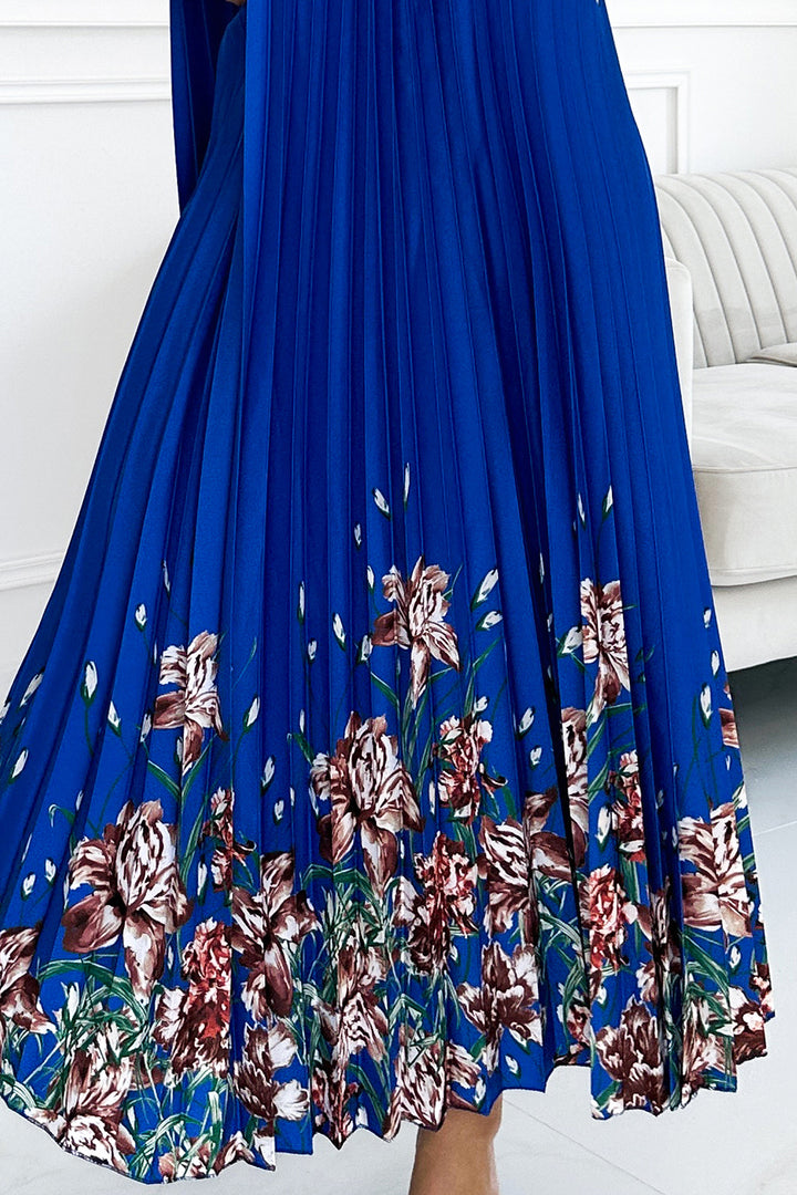 Pleated satin maxi dress - blue with flowers