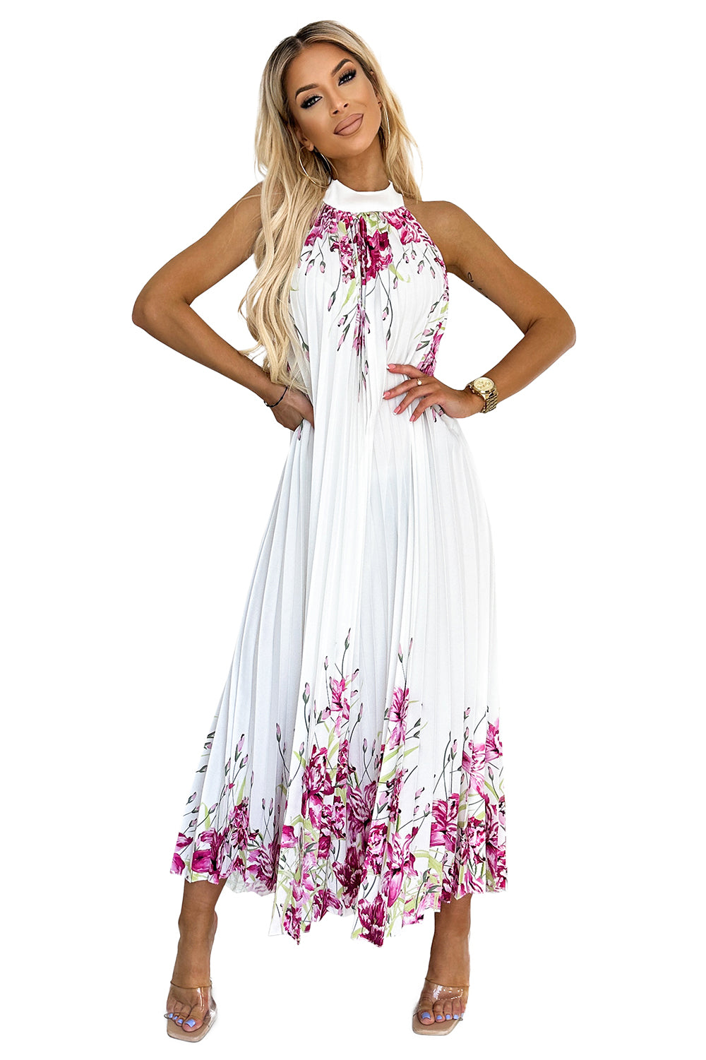 Pleated satin maxi dress - white with pink flowers