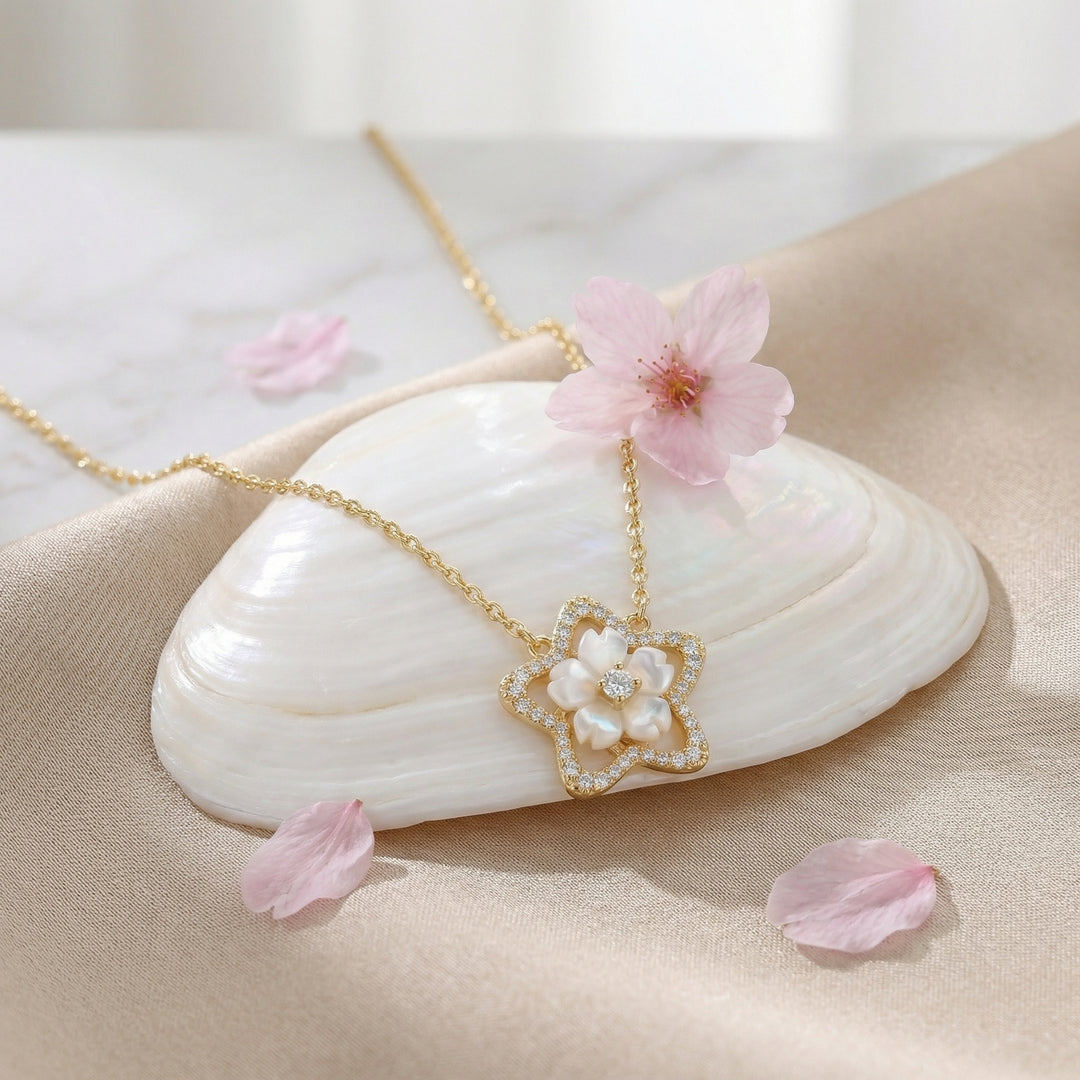 925 Sterling Silver Star-Shaped Floral Pendant Necklace with Mother of Pearl and Sparkling Accents