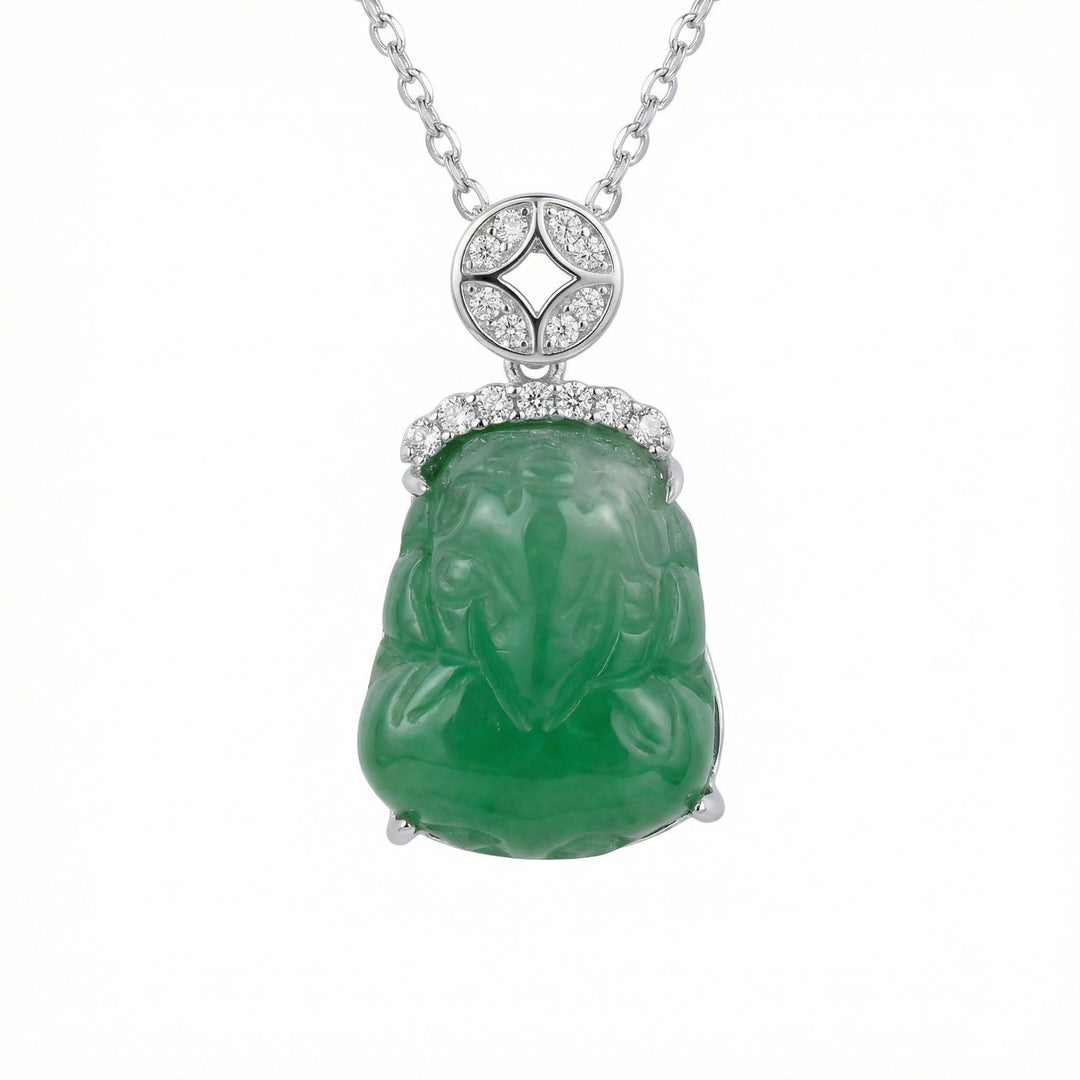 925 Sterling Silver Elegant Green Jadeite Laughing Buddha Pendant Necklace with Sparkling Stone Accents
