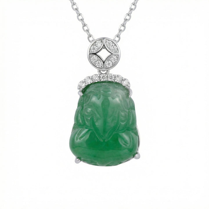925 Sterling Silver Elegant Green Jadeite Laughing Buddha Pendant Necklace with Sparkling Stone Accents