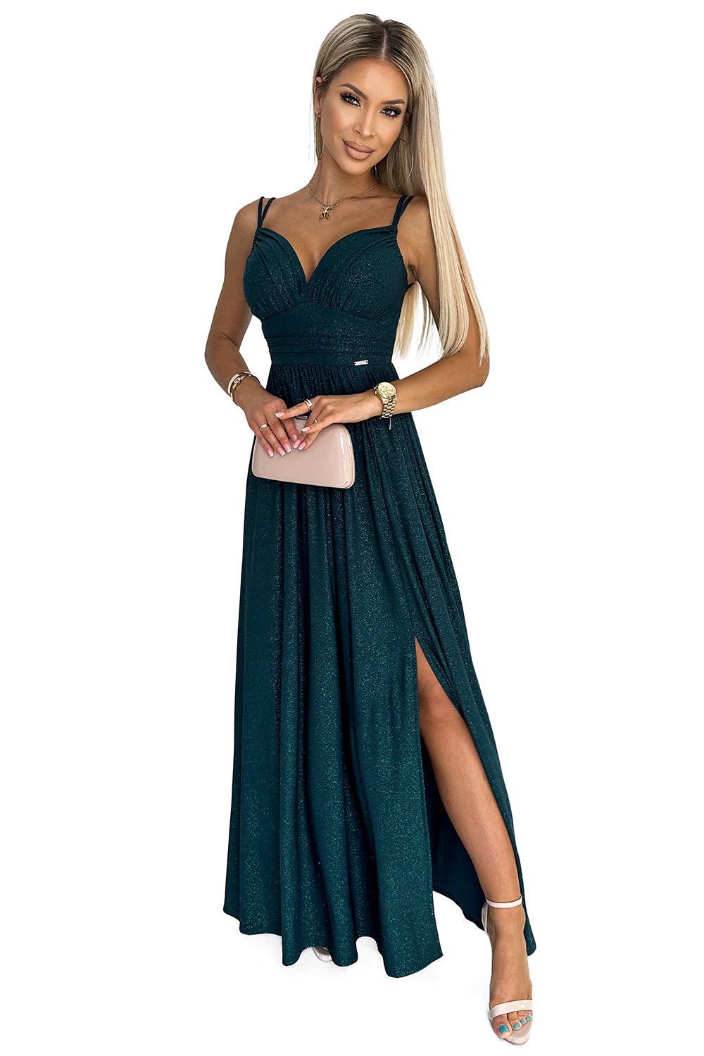 JOVITE brocade long dress on straps with a slit to the leg - green