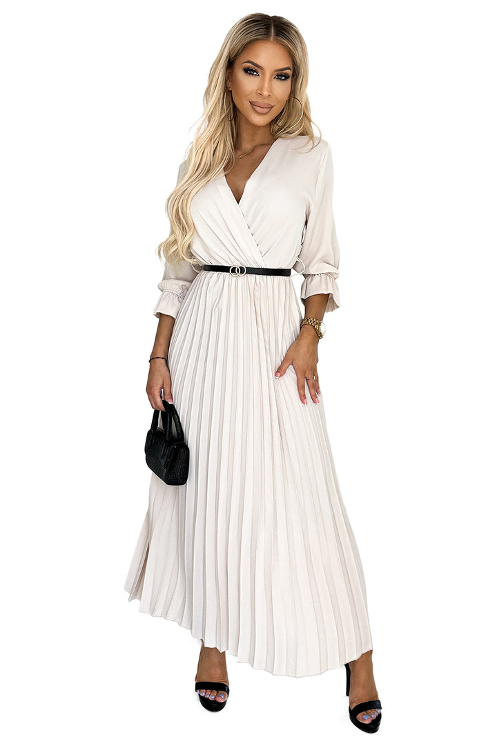 Pleated maxi dress with a neckline; belt and 3/4 sleeves - beige