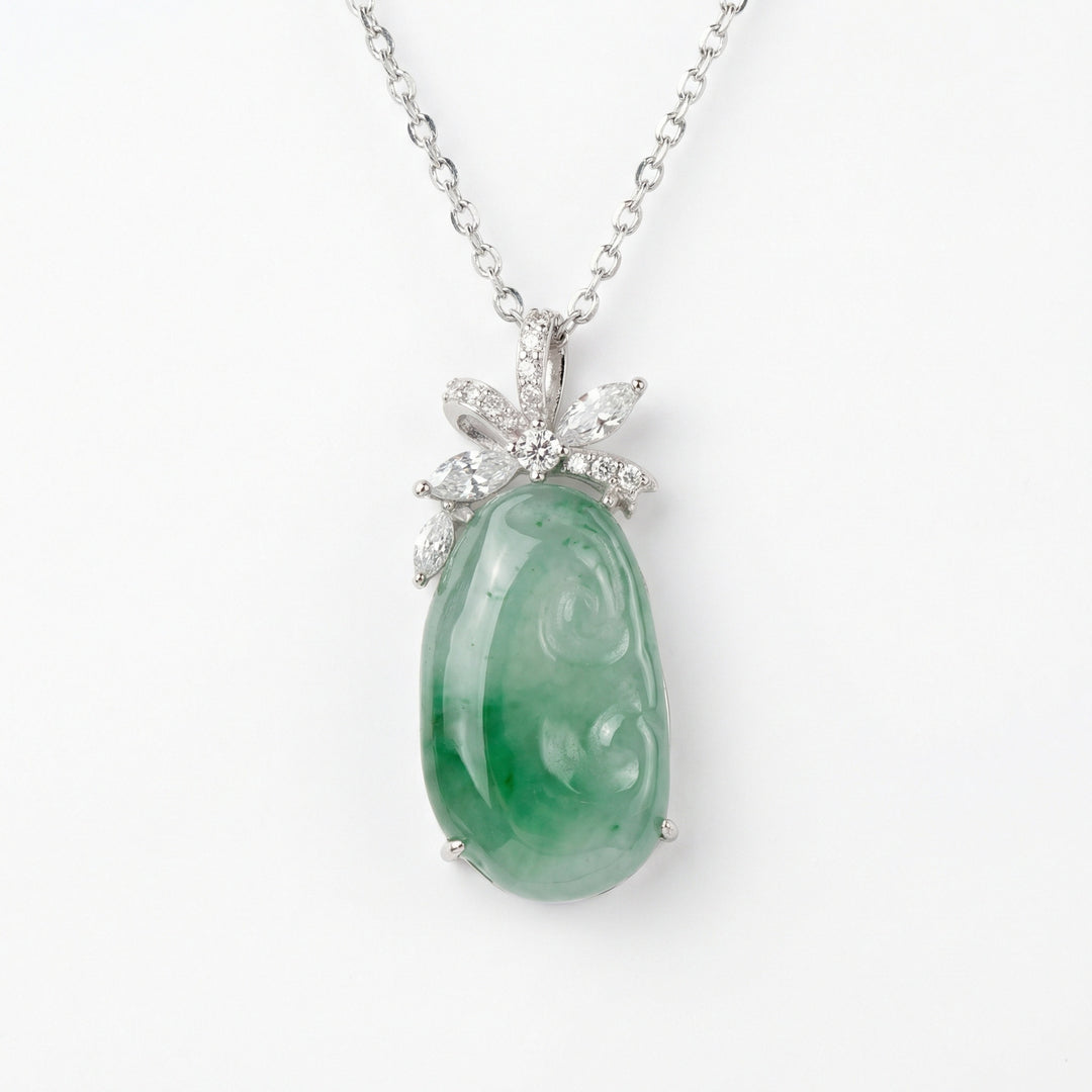 925 Sterling Silver Exquisite Carved Green Jadeite Pendant Necklace with Diamond-Set Floral Bail