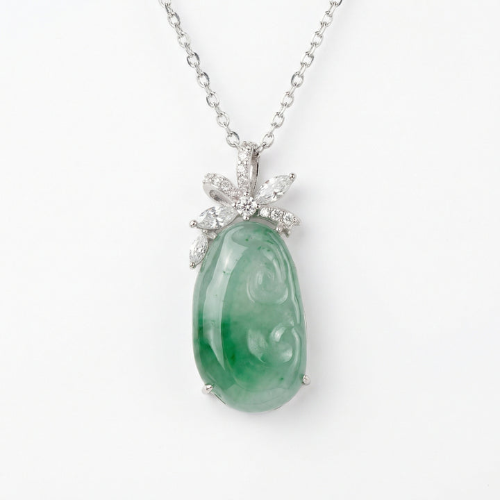 925 Sterling Silver Exquisite Carved Green Jadeite Pendant Necklace with Diamond-Set Floral Bail
