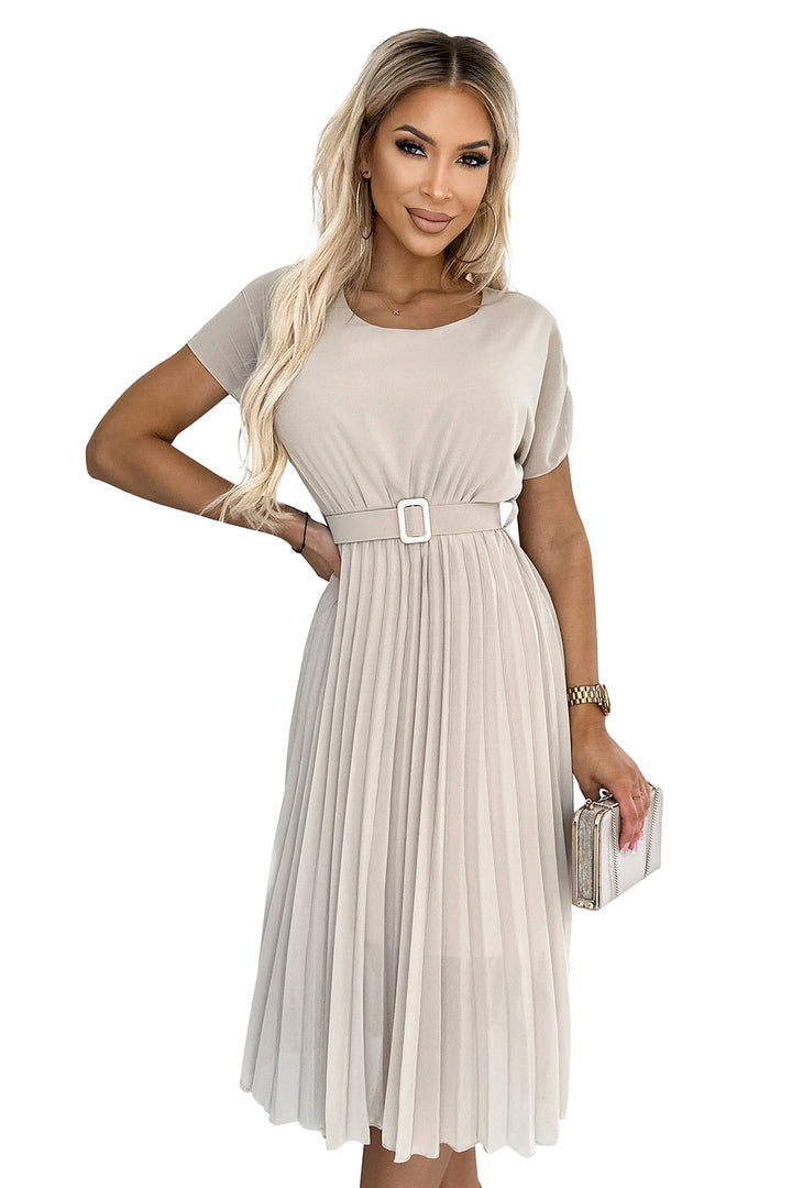 Pleated midi dress with a wide belt - beige