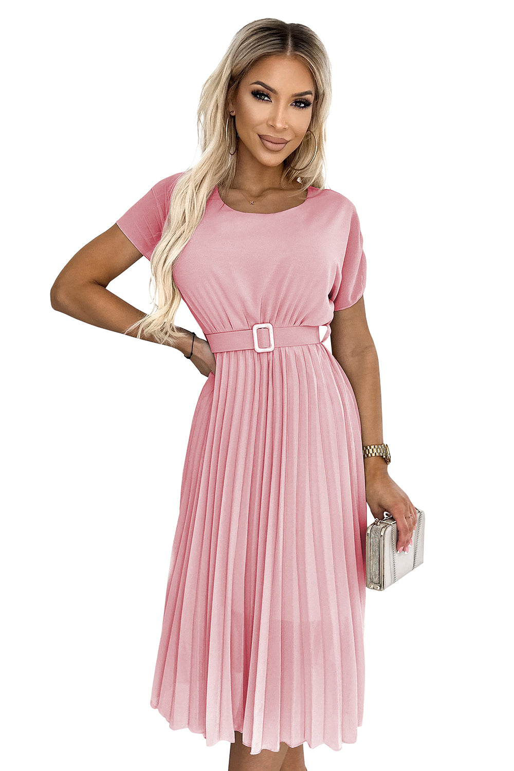 Pleated midi dress with a wide belt - dirty pink