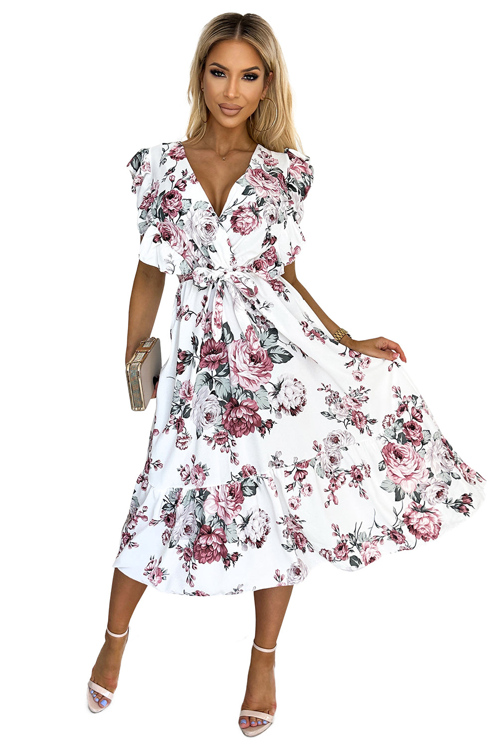 Dress with frill; neckline and binding - white with burgundy roses